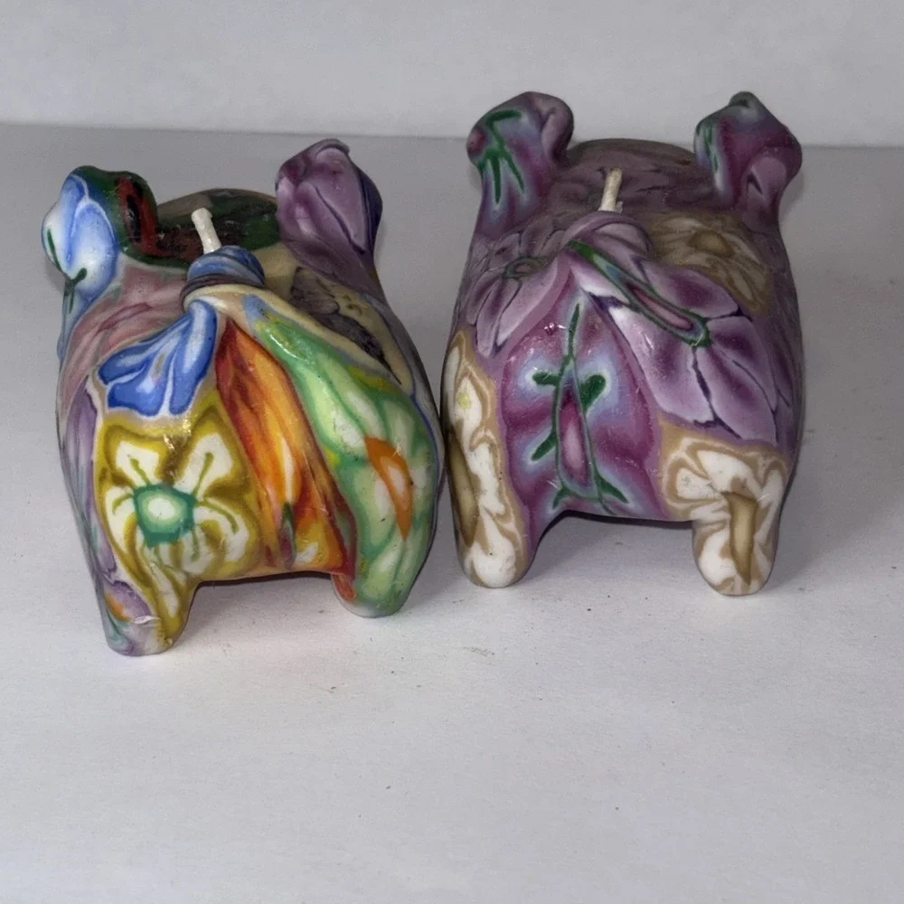 Vintage Marbled Pig Candles - Set of 2 - Retro Figural Wax Decor - Unburnt